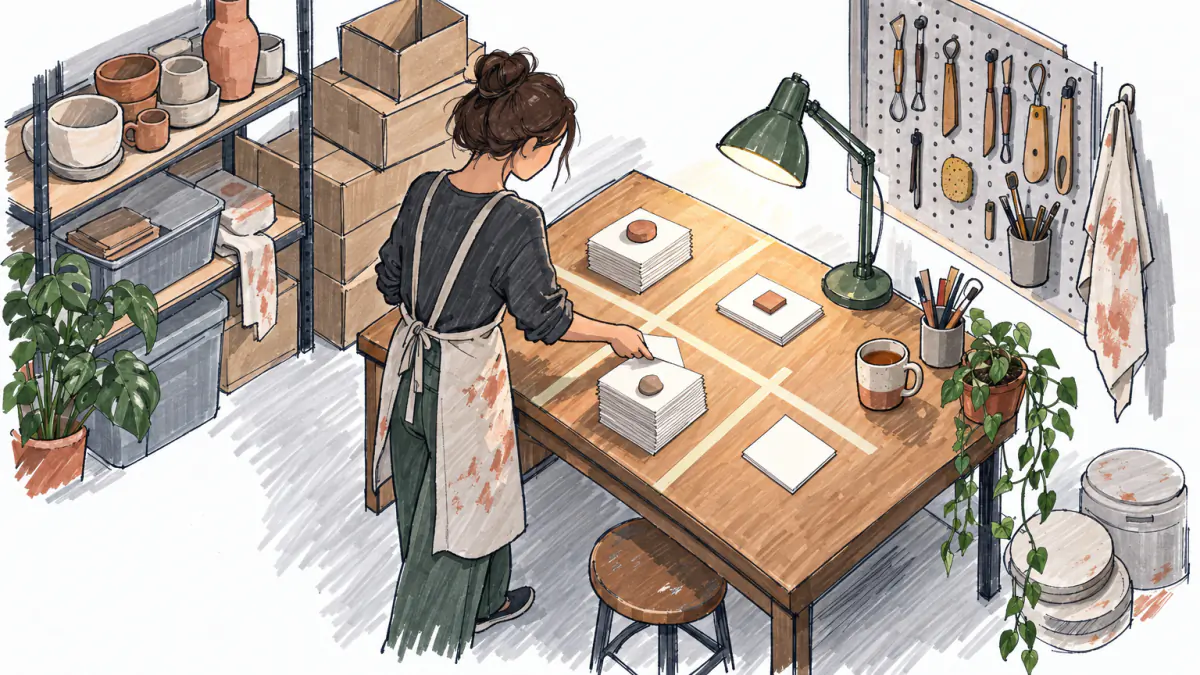 A woman in a clay-stained apron places paper cards into four fields taped out on a table in a ceramics studio