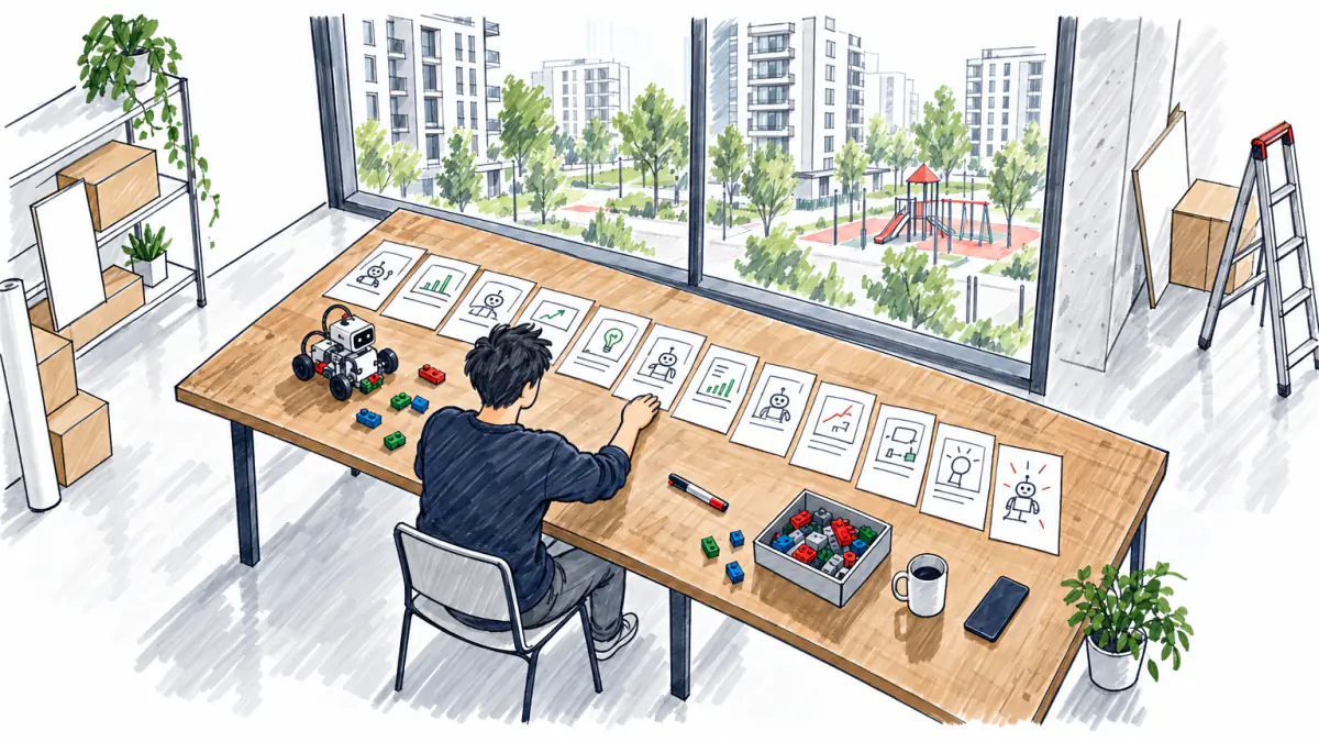 A founder at a wooden table lays out ten blank sheets in a row, each with drawn boxes and tiny pictograms
