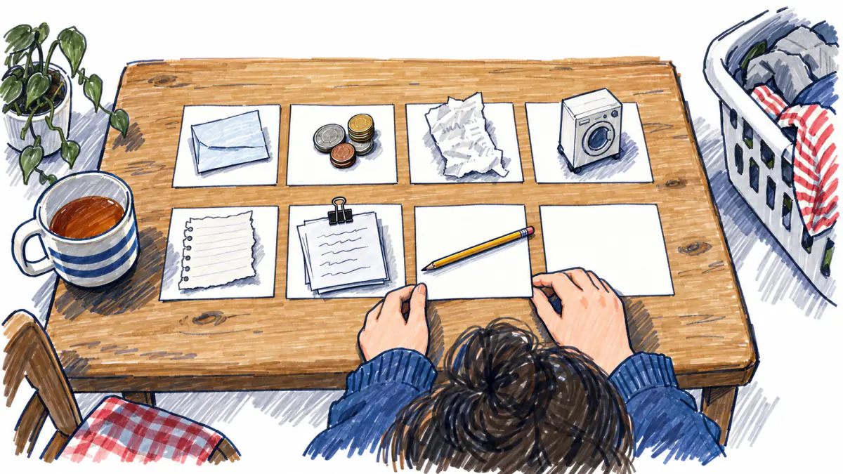 Eight index cards in two rows of four on a kitchen table, six with a note, coins, a receipt or a toy on them