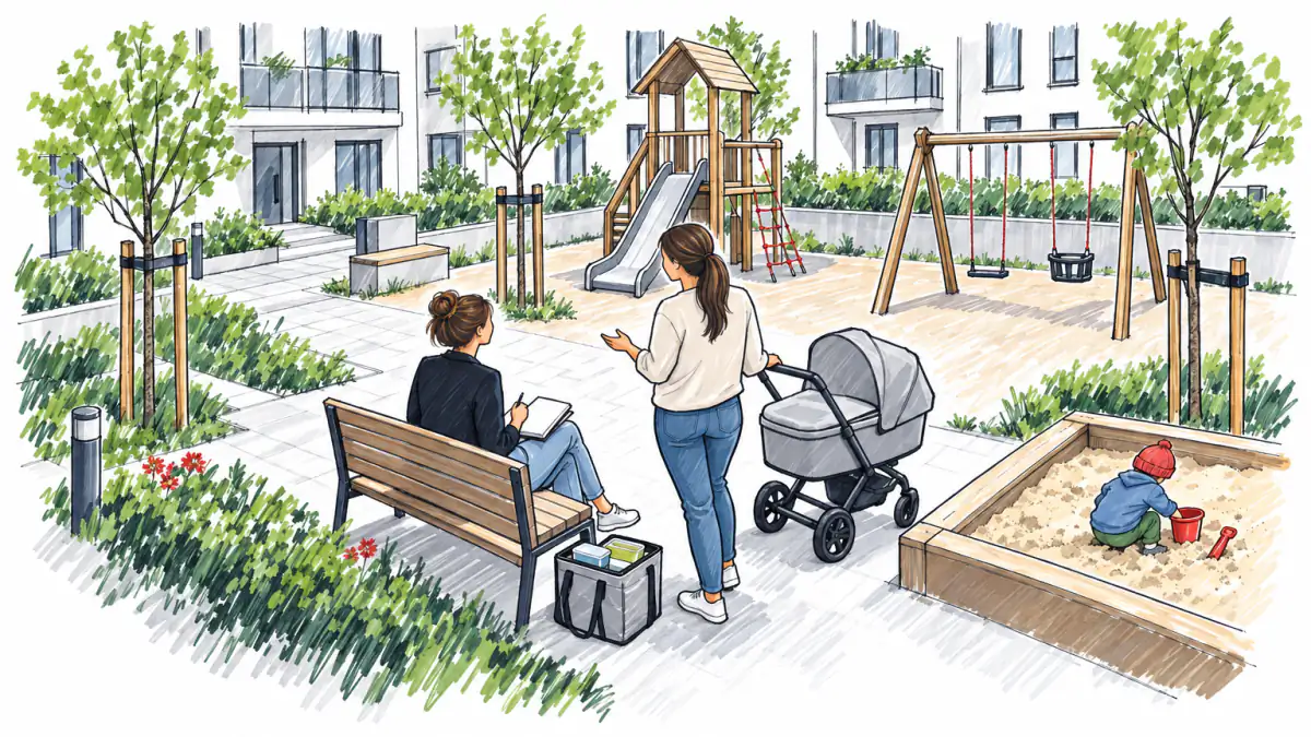 Sketch of a founder on a playground bench taking notes while a young mother rocking a pram talks to her