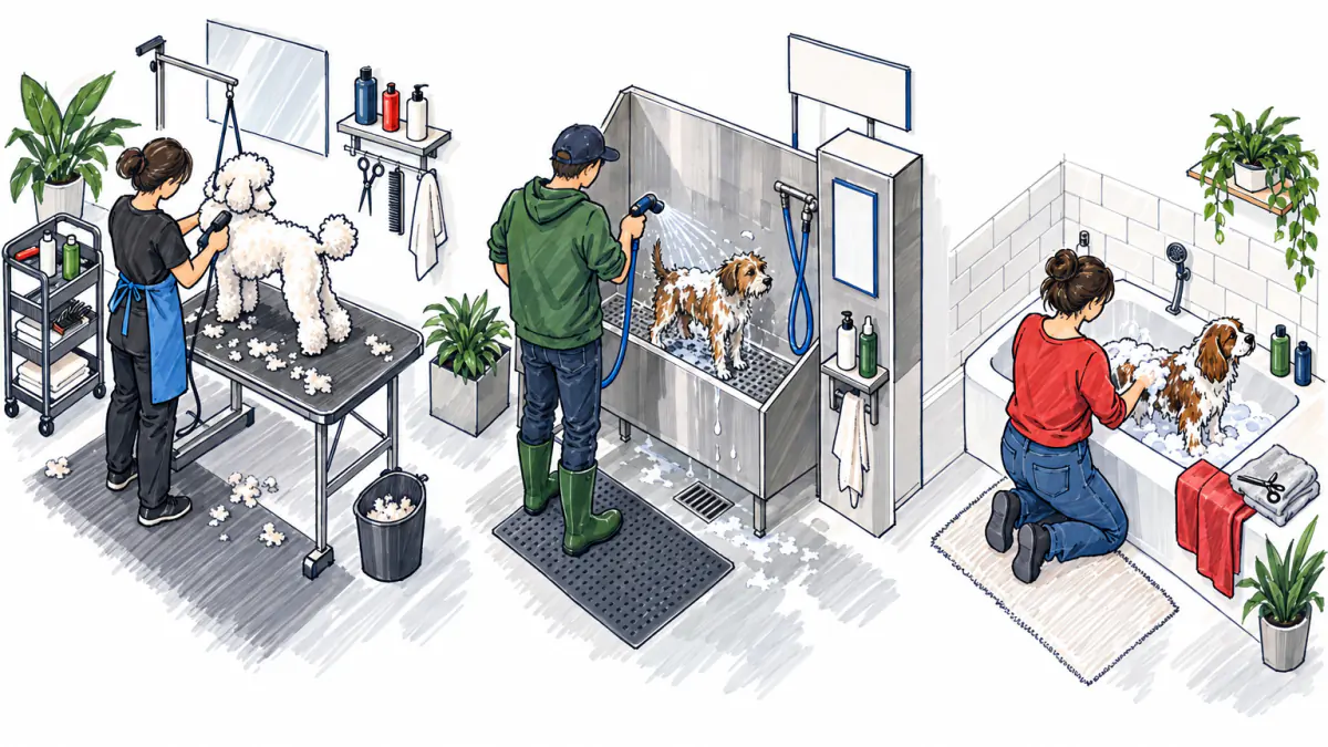 Sketch of three scenes: a groomer clipping a poodle, an owner hosing a terrier in a wash bay, and a person bathing a spaniel in a home tub