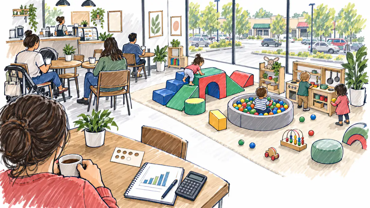Marker sketch of toddlers playing in a soft play area while parents sit at café tables, with a punch card, notebook and calculator in front