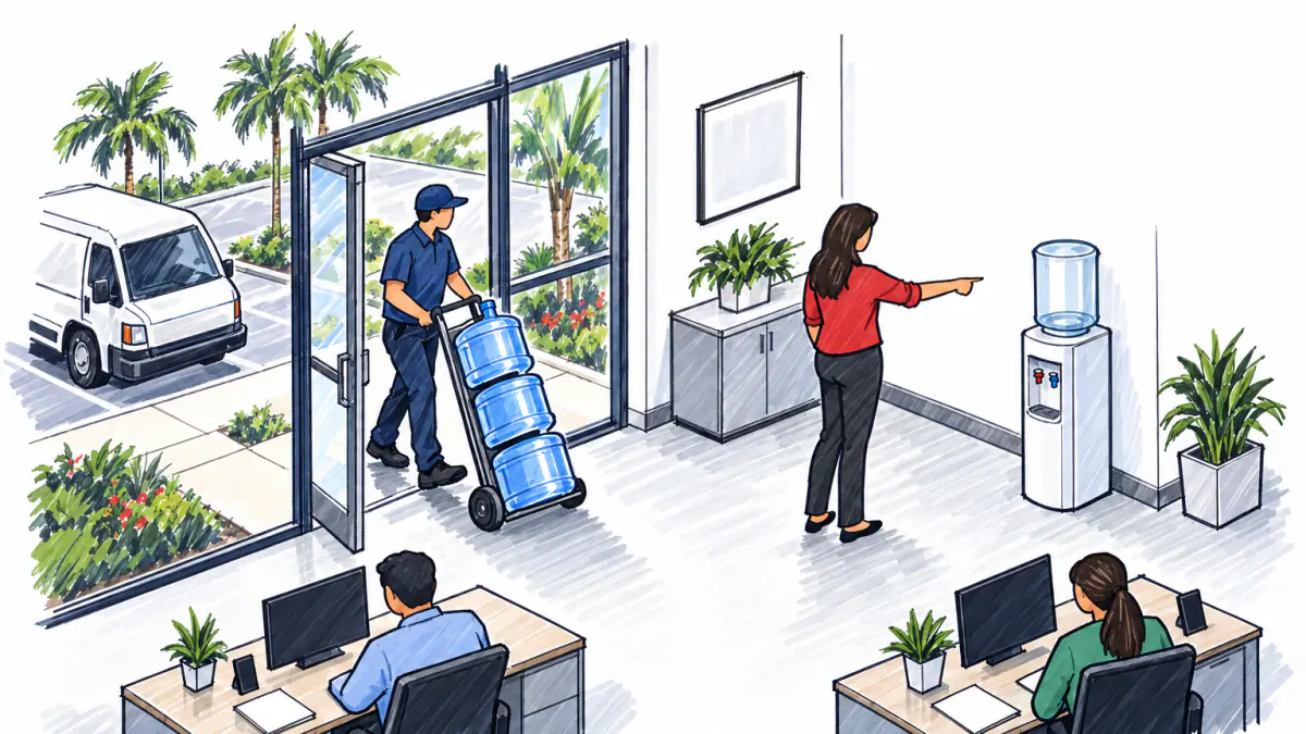 A driver wheels big blue water bottles into a small office as the office manager points to an empty cooler