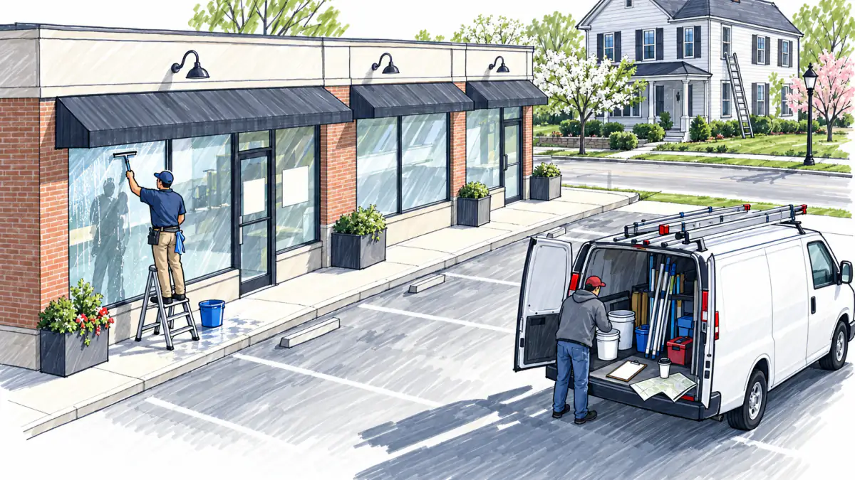Window Cleaning Route in a Suburban Plaza, AI illustration Marker sketch of a window cleaner squeegeeing a storefront while a coworker loads gear into a van near a two-story house