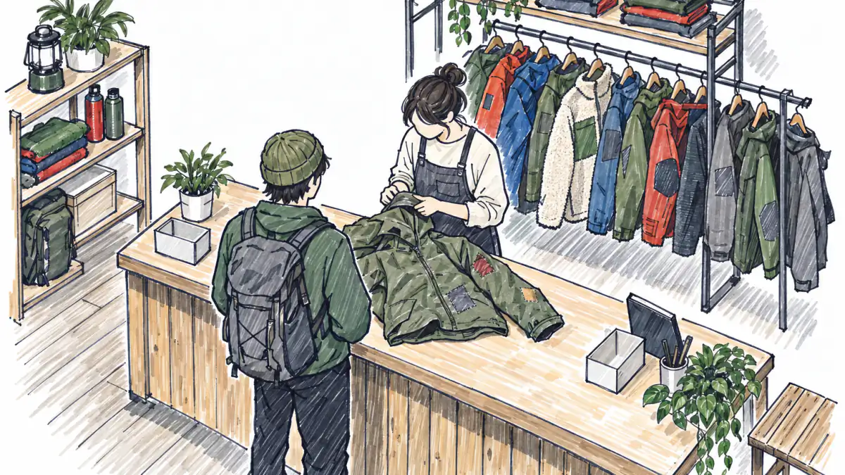 Trading In a Well-Worn Jacket, AI illustration A customer laying a faded, patched hiking jacket on a counter as a clerk checks its seams, a rack of used jackets behind