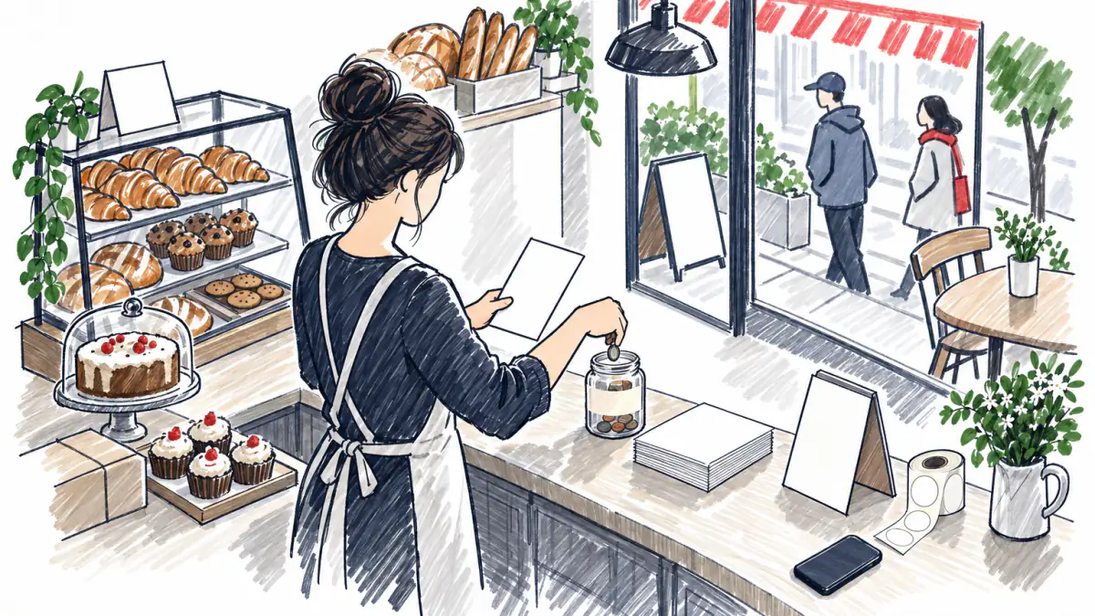 Baker picking her first promotion, AI illustration Marker sketch of a bakery owner holding one flyer and dropping coins into a jar, with postcards, a sandwich board and stickers set aside