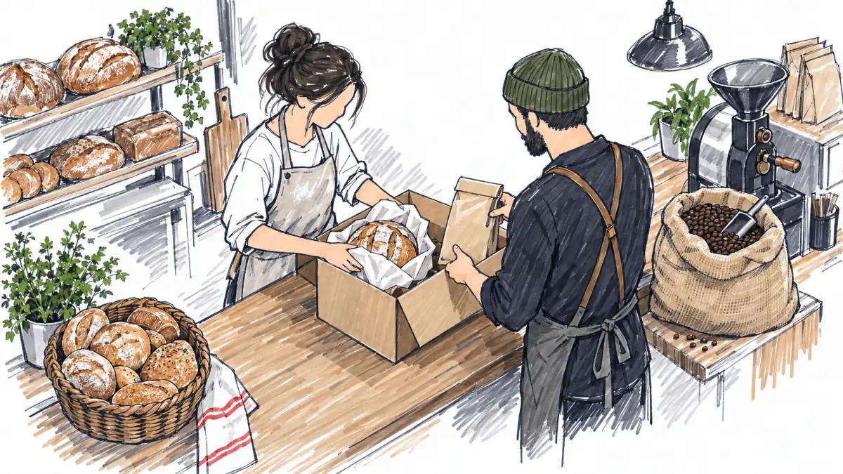 Marker sketch of a baker and a coffee roaster packing bread and coffee beans into one shared gift box on a wooden counter