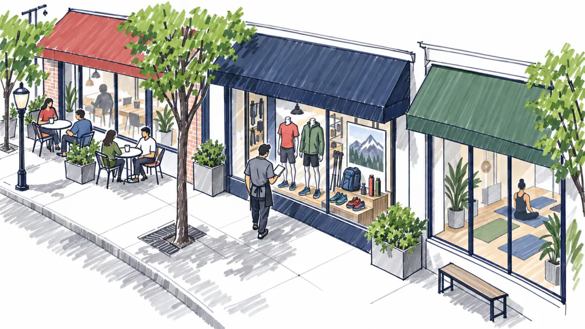 Marker sketch of a bike shop owner with a notebook walking past neighboring shops and looking into a gear store window