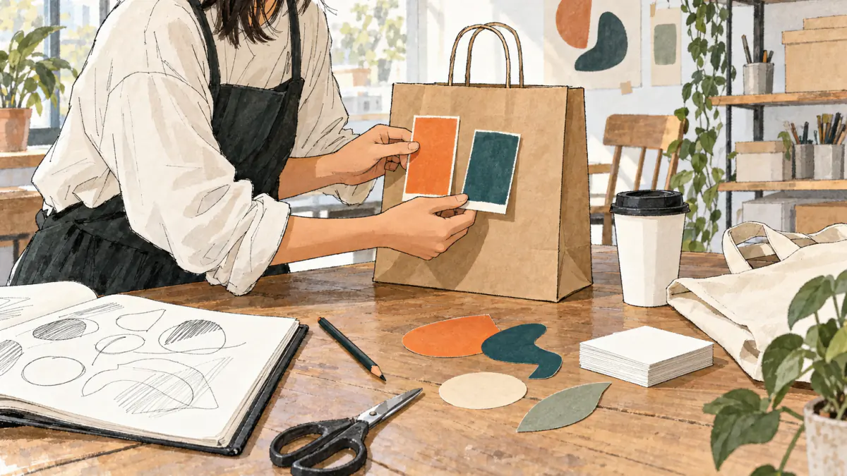Sketch of a founder holding orange and teal swatch cards against a kraft paper bag, a cup, a tote and blank cards around