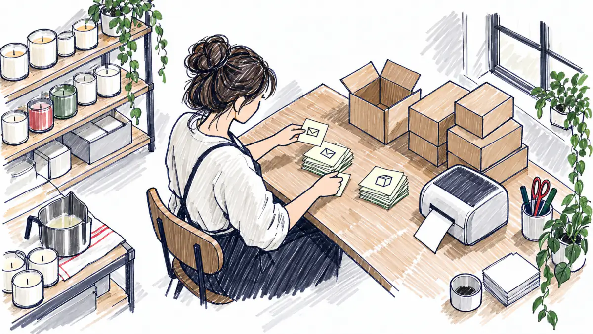 Sorting chores into keep and hand off, AI illustration Marker sketch of a candle shop owner at her packing table sorting sticky notes with small pictograms into two piles