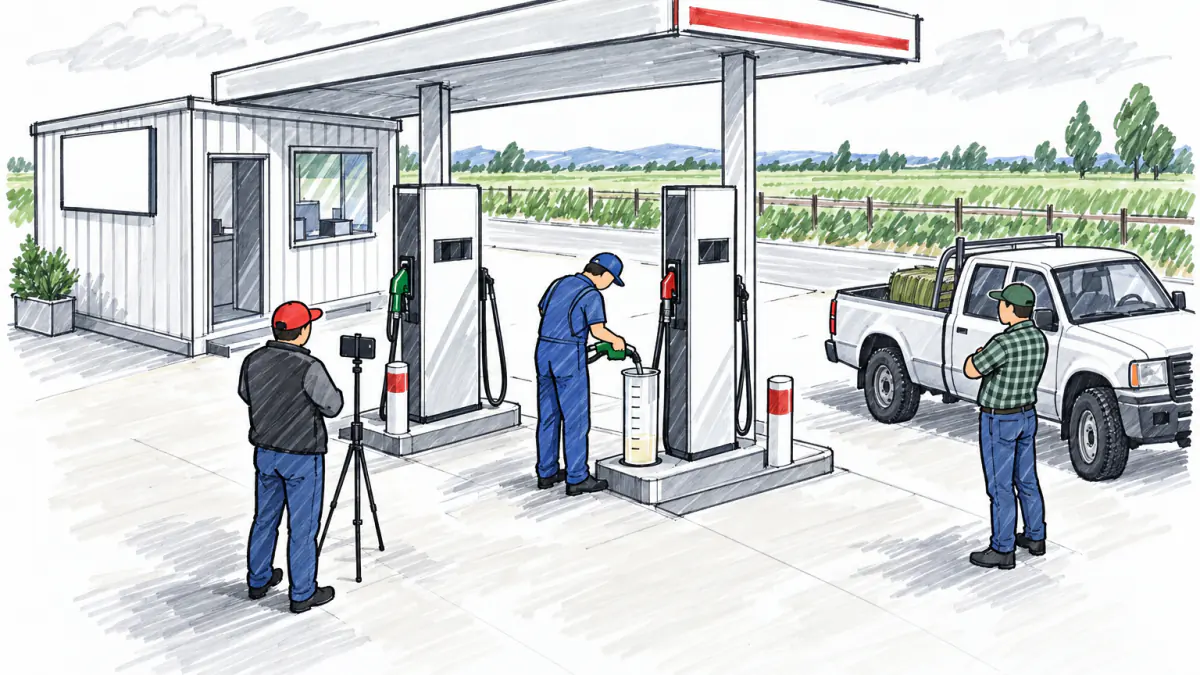 At a small two-pump gas station, the owner films with a phone on a tripod as an attendant fills a clear measuring can from the nozzle