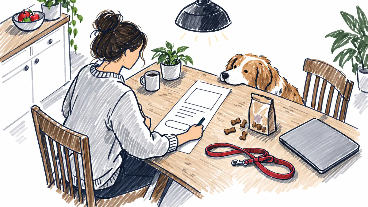 Marker sketch of a dog walker at a kitchen table drawing a one-page layout with a single large button while her dog watches