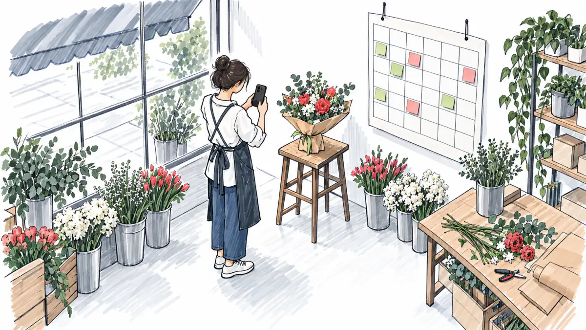 Marker sketch of a florist photographing a bouquet by the shop window beside a wall grid half filled with colored sticky notes