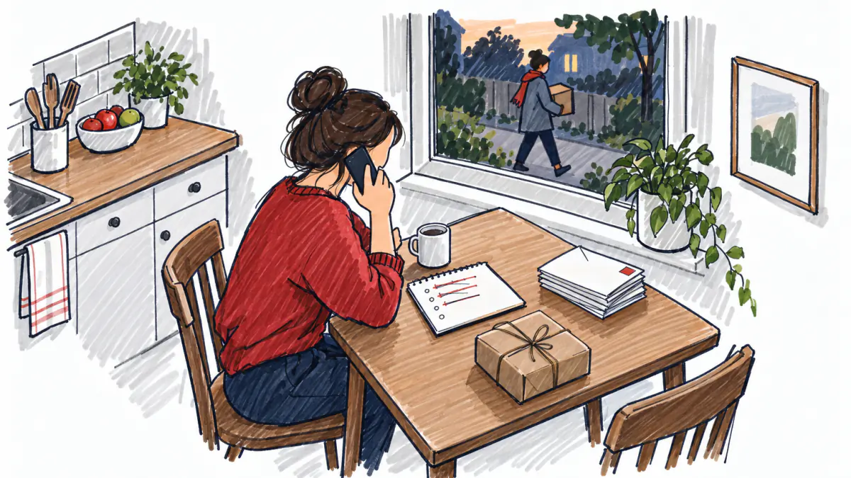 Calling down the contact list, AI illustration Marker sketch of a founder at a kitchen table on a phone call, with a notepad list, stamped envelopes and a wrapped product sample