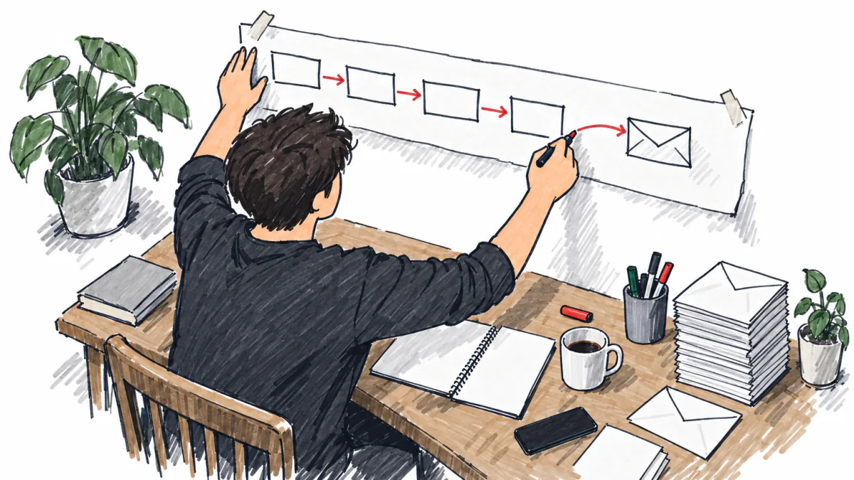 Mapping the Chore Before Handing It Off, AI illustration Marker sketch of a founder pinning a paper flowchart of boxes and arrows to a wall beside a stack of sealed envelopes