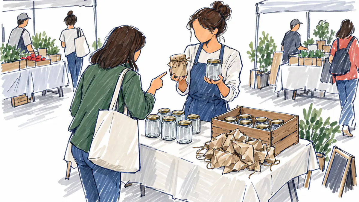 Marker sketch of a founder at a market table holding up two differently wrapped jars while a passerby points at one