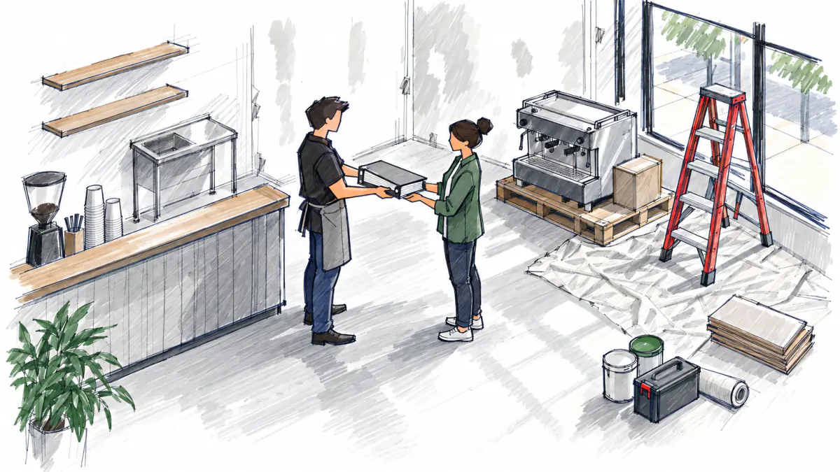 Handing over the binder at the second location, AI illustration Marker sketch of a coffee shop owner handing a binder to a new manager in a half-renovated second location