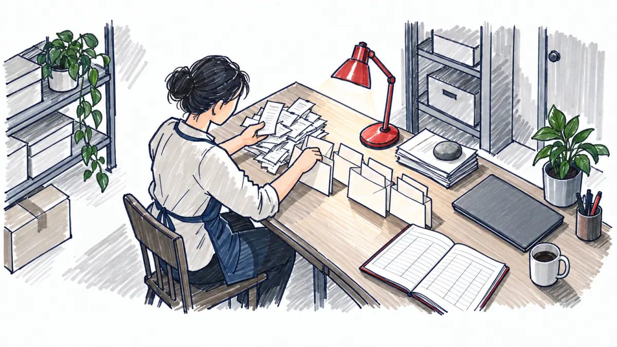 Marker sketch of a shop owner at a back-room desk sorting receipts into plain envelopes beside an open ledger