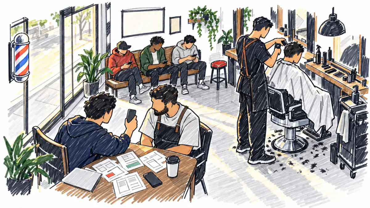 Marker sketch of an app maker at a barbershop table showing a phone prototype to a barber while customers wait