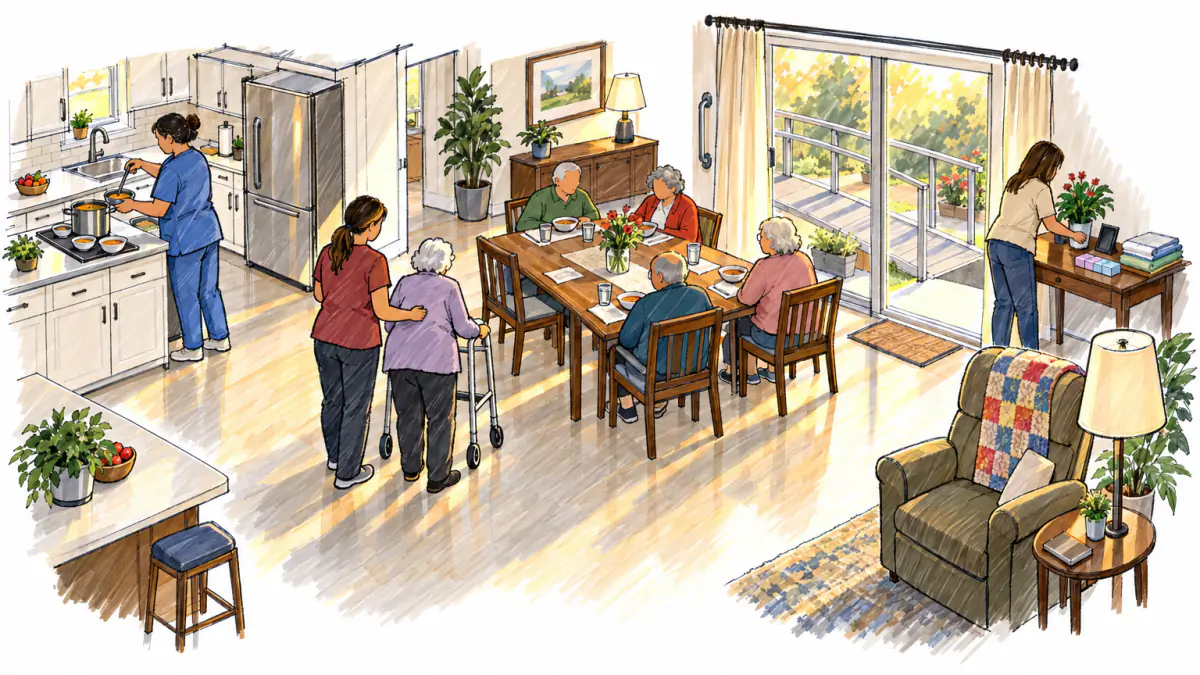 Marker sketch of a caregiver serving soup to seniors at a dining table in a home kitchen, with a walker, recliner and visiting daughter