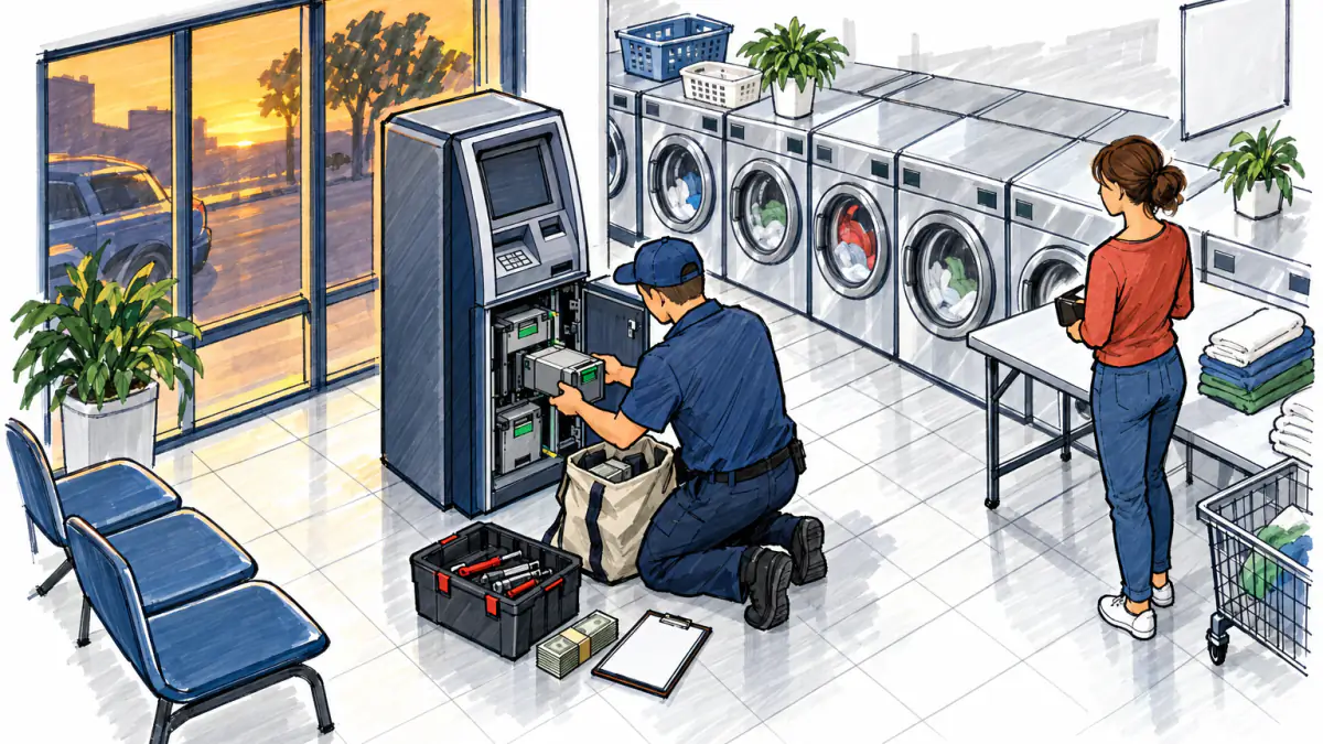 Marker sketch of a man loading cash into an open ATM in a laundromat while a woman folding towels waits nearby