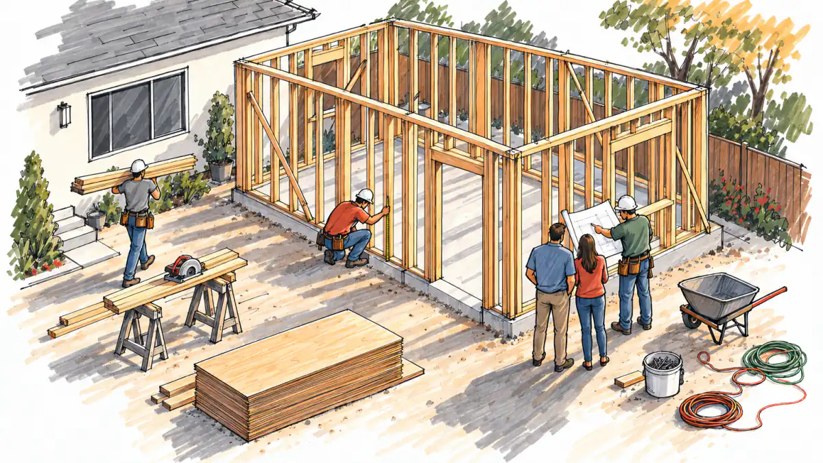 Marker sketch of workers framing a small backyard building while a homeowner couple reviews a blueprint with the foreman