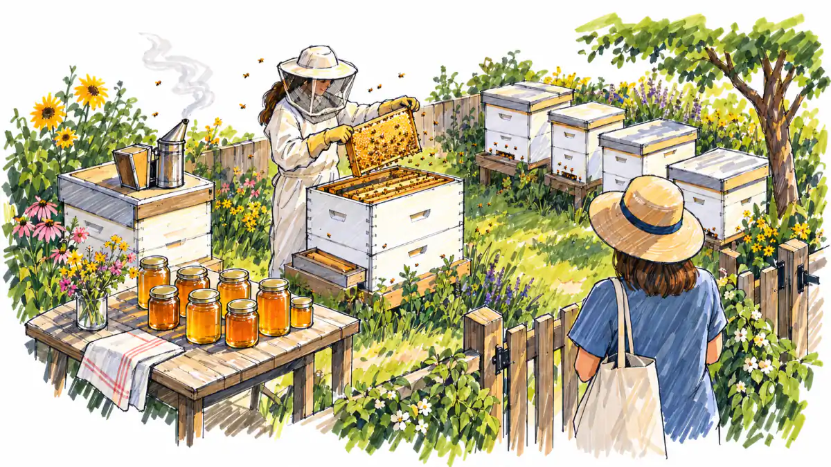 Marker sketch of a beekeeper lifting a honeycomb frame from a backyard hive, honey jars on a porch table and a customer at the gate