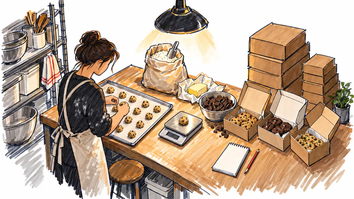 Baker weighing a dough ball on a kitchen scale beside flour, butter, chocolate chunks and stacks of small and large kraft boxes