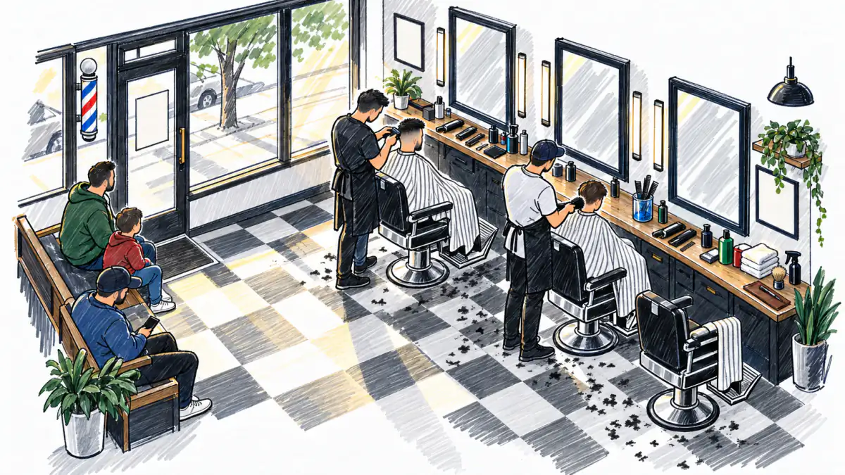 Marker sketch of two barbers cutting a man's and a boy's hair in a sunlit shop while customers wait on a bench