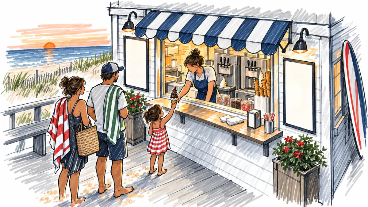 Marker sketch of a worker handing a dipped cone through a beach walk-up window to a child as a family waits at dusk