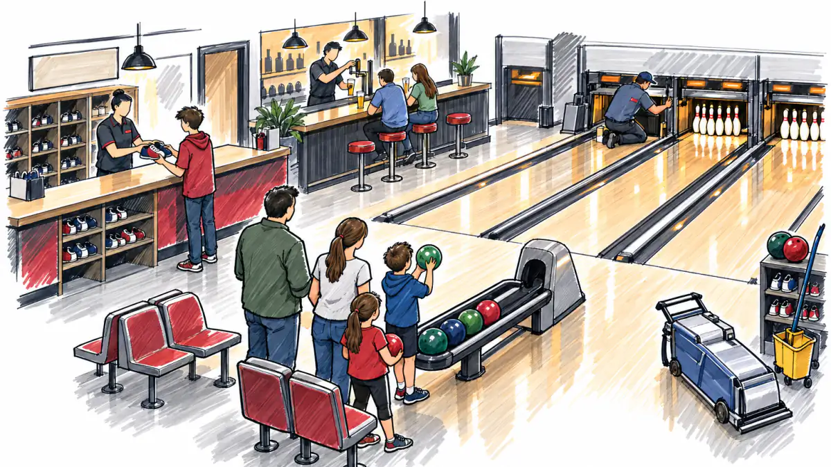 Marker sketch of a bowling alley with a mechanic at a pinsetter, a family at the ball return, a shoe counter and a small bar
