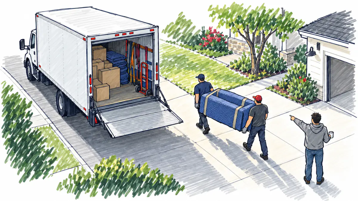 Marker sketch of two movers carrying a wrapped sofa toward a box truck with its liftgate down while a customer watches from a driveway