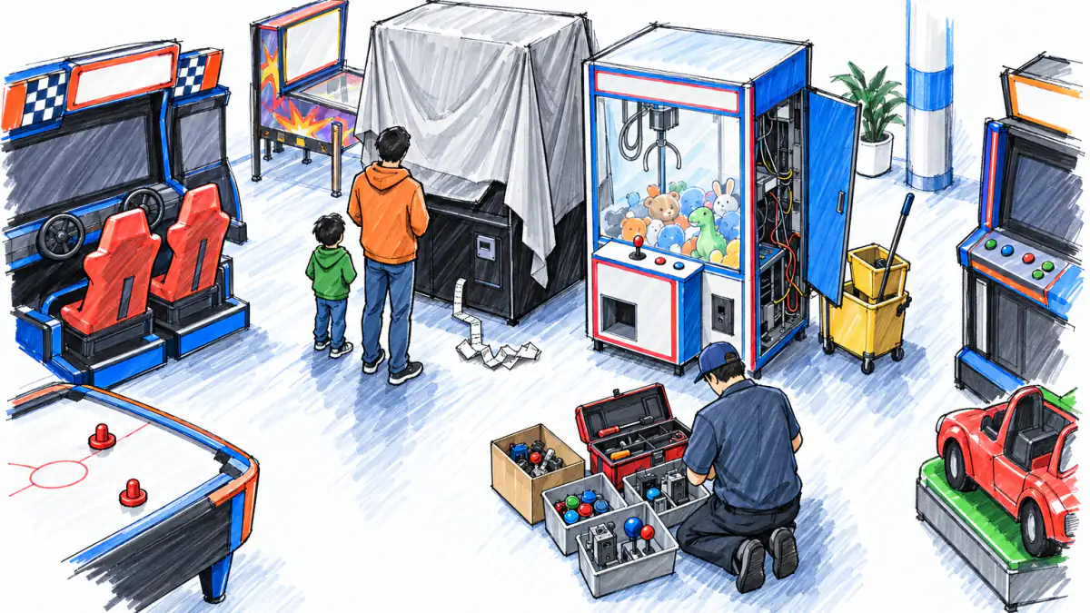 Marker sketch of a child and parent facing a covered dead game while a technician kneels by a toolbox of spare arcade parts