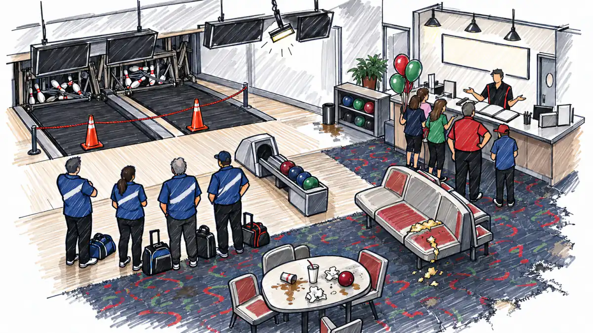 Marker sketch of a worn bowling alley with dark lanes roped off, jammed pins, waiting league bowlers and a crowd at the front counter