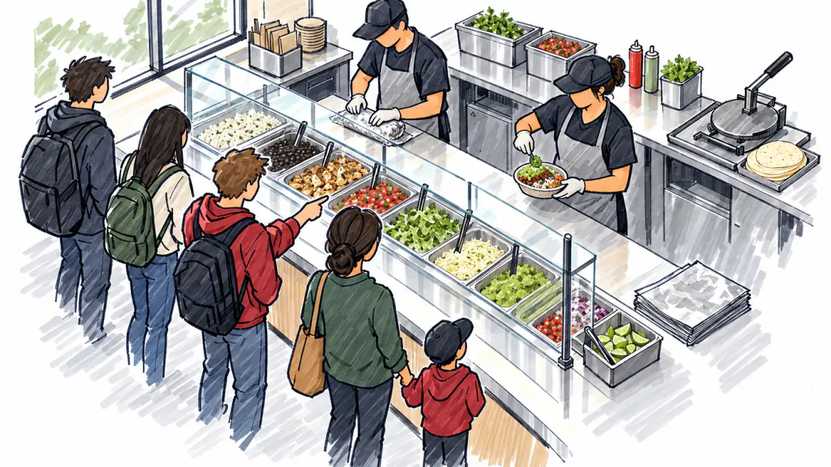 Marker sketch of two aproned workers assembling burritos and bowls at a steel ingredient line while students and a family wait