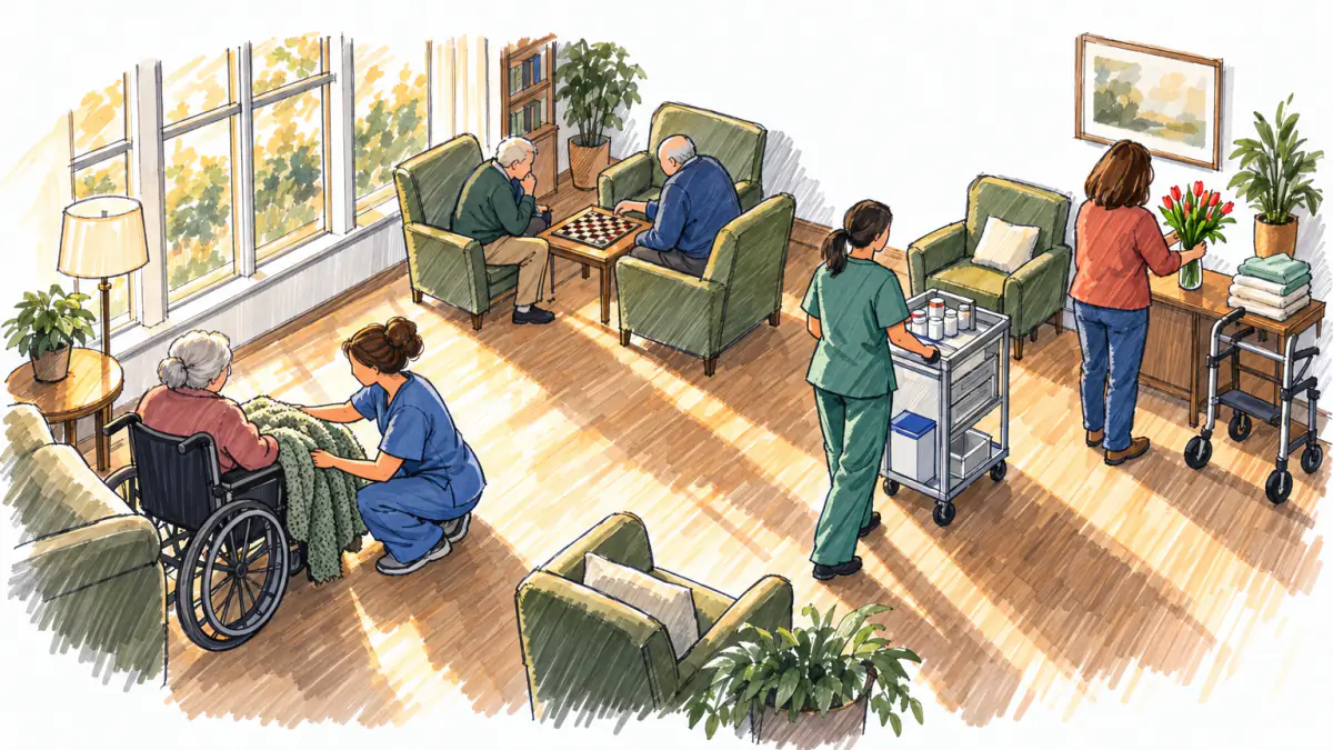 Marker sketch of caregivers tending elderly residents in a sunlit common room while a visiting daughter sets down flowers