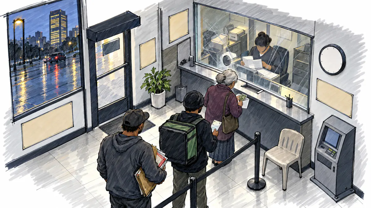 Marker sketch of people waiting in line at a check-cashing window, holding papers and a check, with a distant bank tower outside