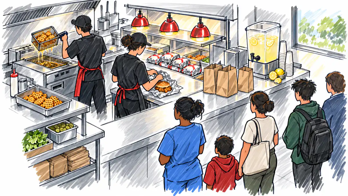 Marker sketch of crew frying and wrapping chicken sandwiches at a counter while a nurse, a parent with a child and a student wait in line