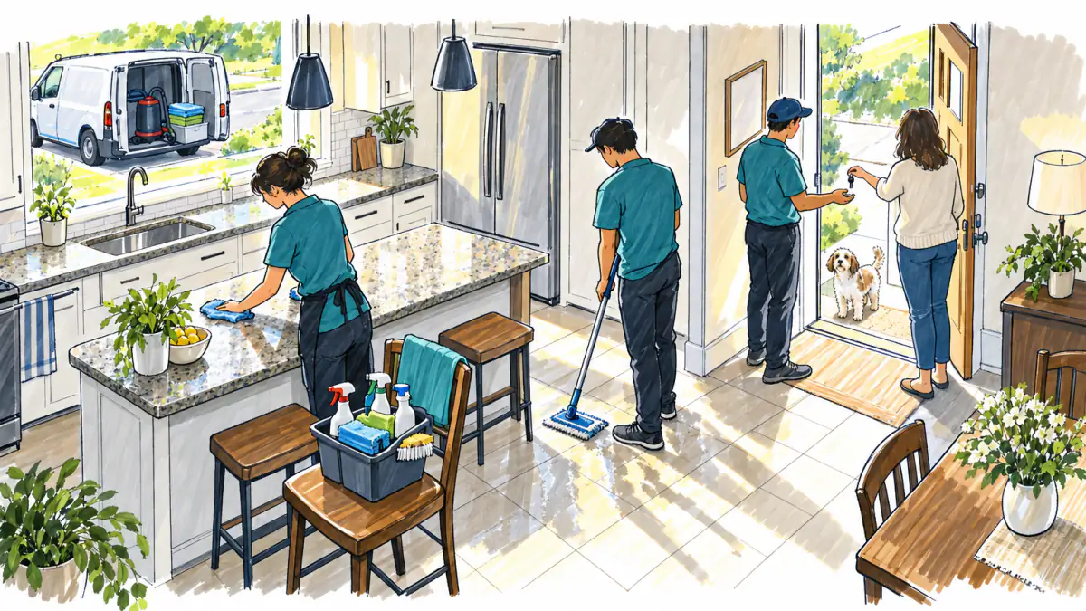 Marker sketch of two cleaners wiping a counter and mopping a kitchen floor as a homeowner hands over a key, a van parked outside