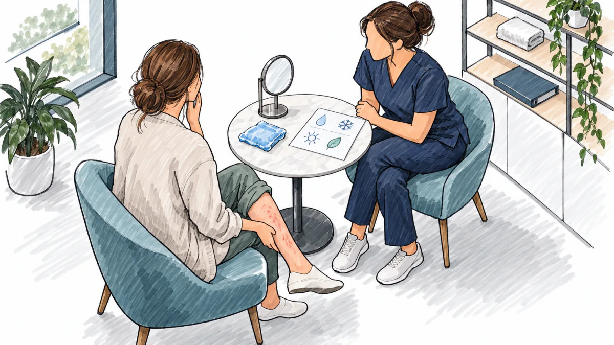 Marker sketch of a client showing a reddened shin and touching her cheek while a scrubs-clad injector listens across a small table