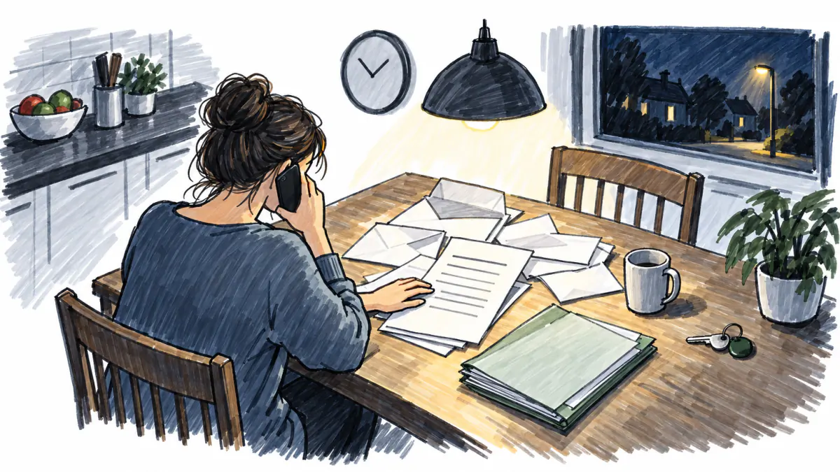 Marker sketch of a client at a kitchen table at night holding a phone to her ear beside opened envelopes and a folder of forms