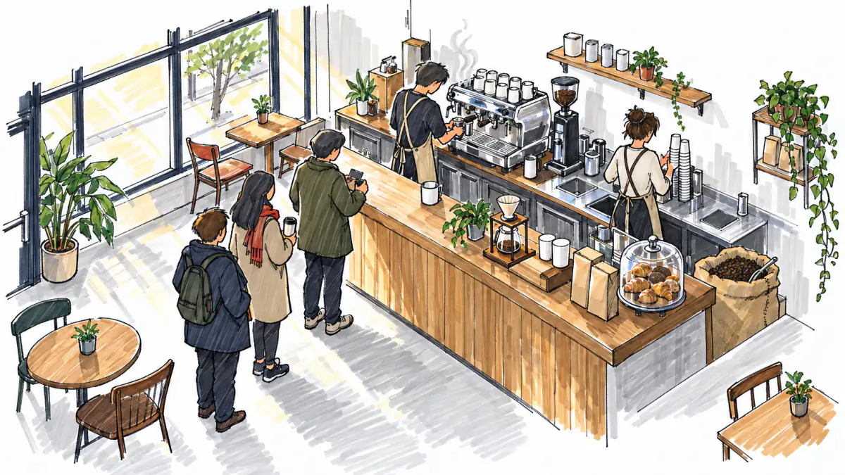 Marker sketch of a barista tamping espresso behind a wooden counter while morning customers wait in line in a small coffee shop
