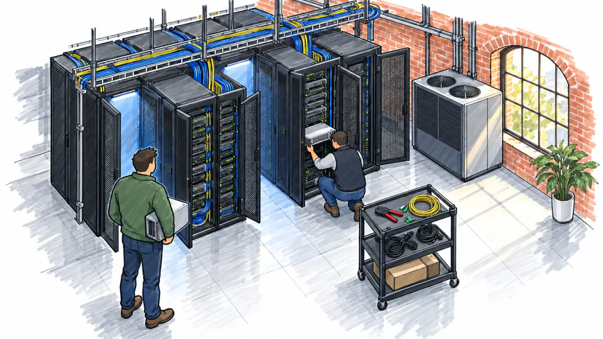 Marker sketch of a technician racking a server in a brick-walled room of black cabinets while a customer holding a boxed server looks on