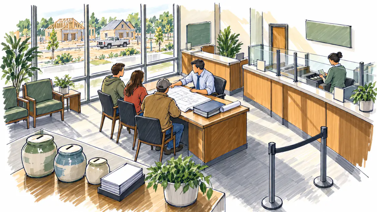 Marker sketch of a small bank lobby where a loan officer reviews house plans with a couple and a contractor while a teller counts cash