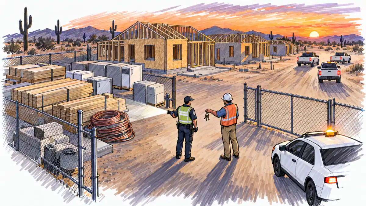 Marker sketch of a guard with a flashlight at a fenced desert construction site at dusk, taking keys from a builder near a patrol car