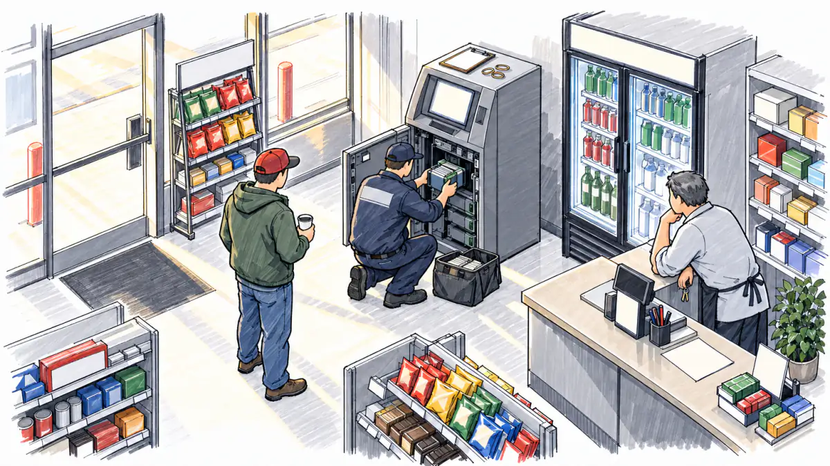 Marker sketch of a man restocking an open cash machine in a small convenience store as the owner and a waiting customer look on