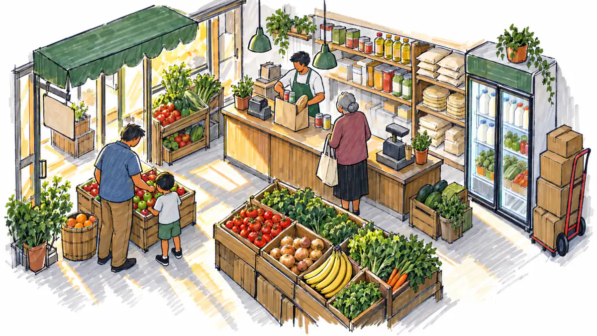 Marker sketch of a small grocery where an aproned owner bags goods for an older woman beside produce crates and stocked shelves