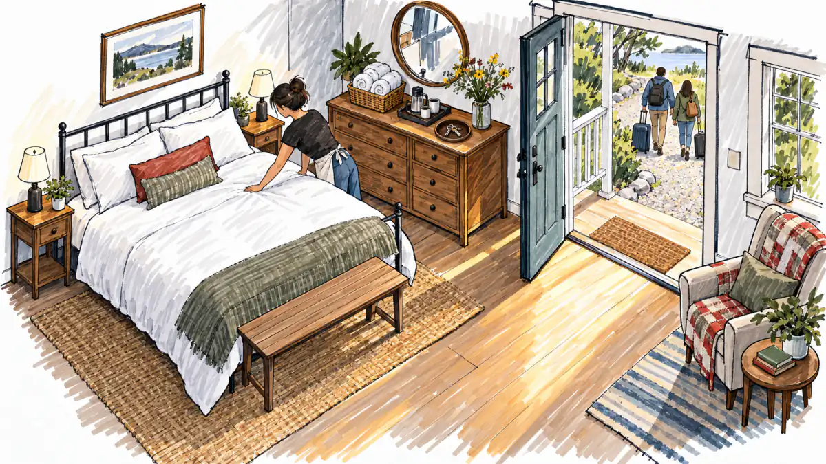 Marker sketch of a host making a bed in a cozy cottage as guests with suitcases approach the porch in golden light