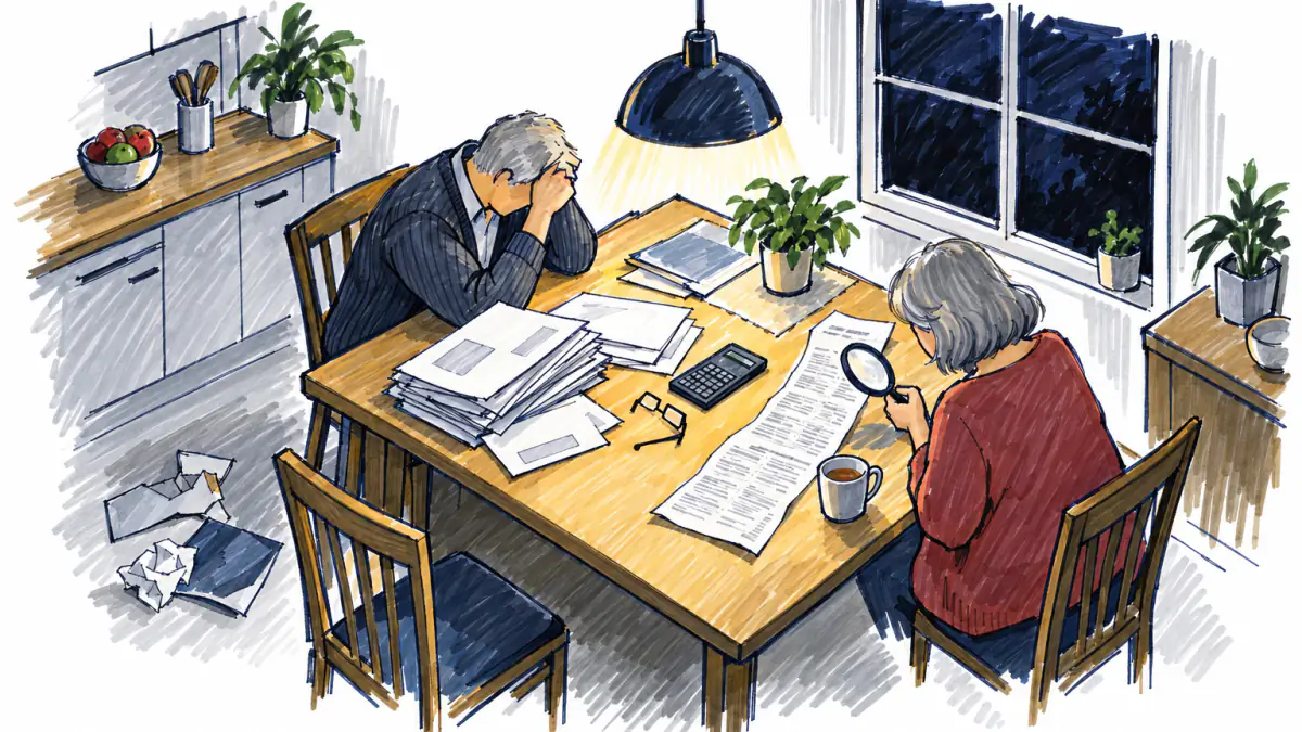 Marker sketch of an older couple at a lamplit kitchen table, the wife inspecting fine print with a magnifying glass as her husband rubs his brow