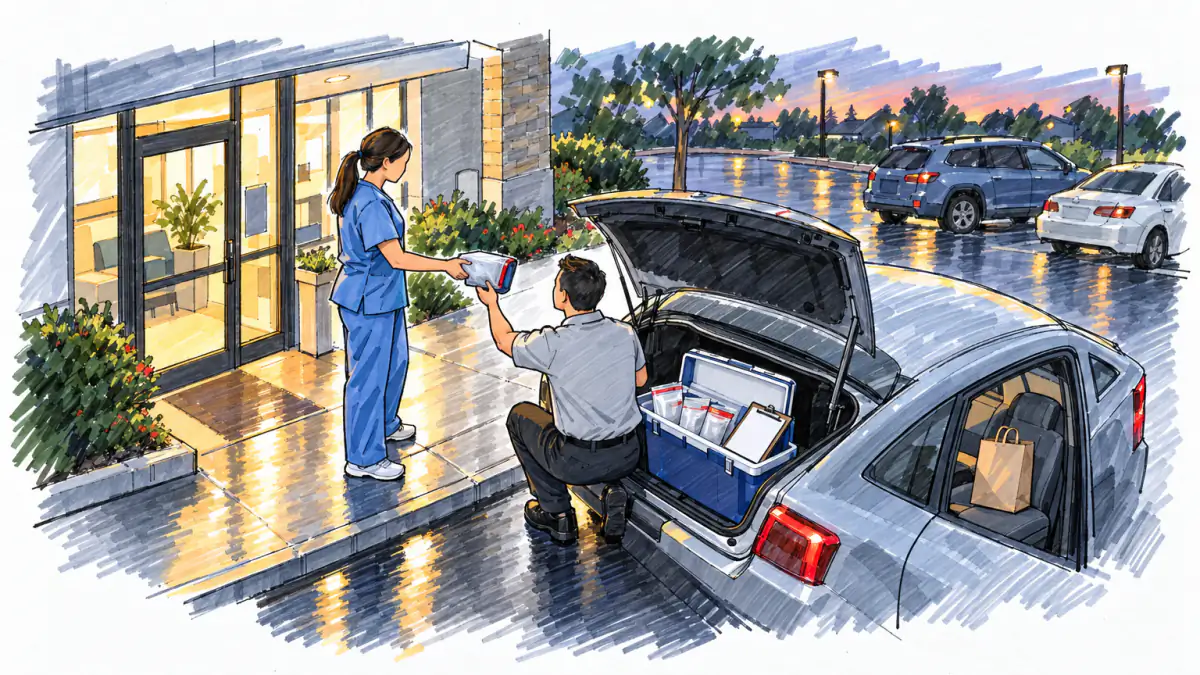 Marker sketch of a courier loading an insulated specimen cooler into a sedan trunk as a nurse hands over a pouch at dusk